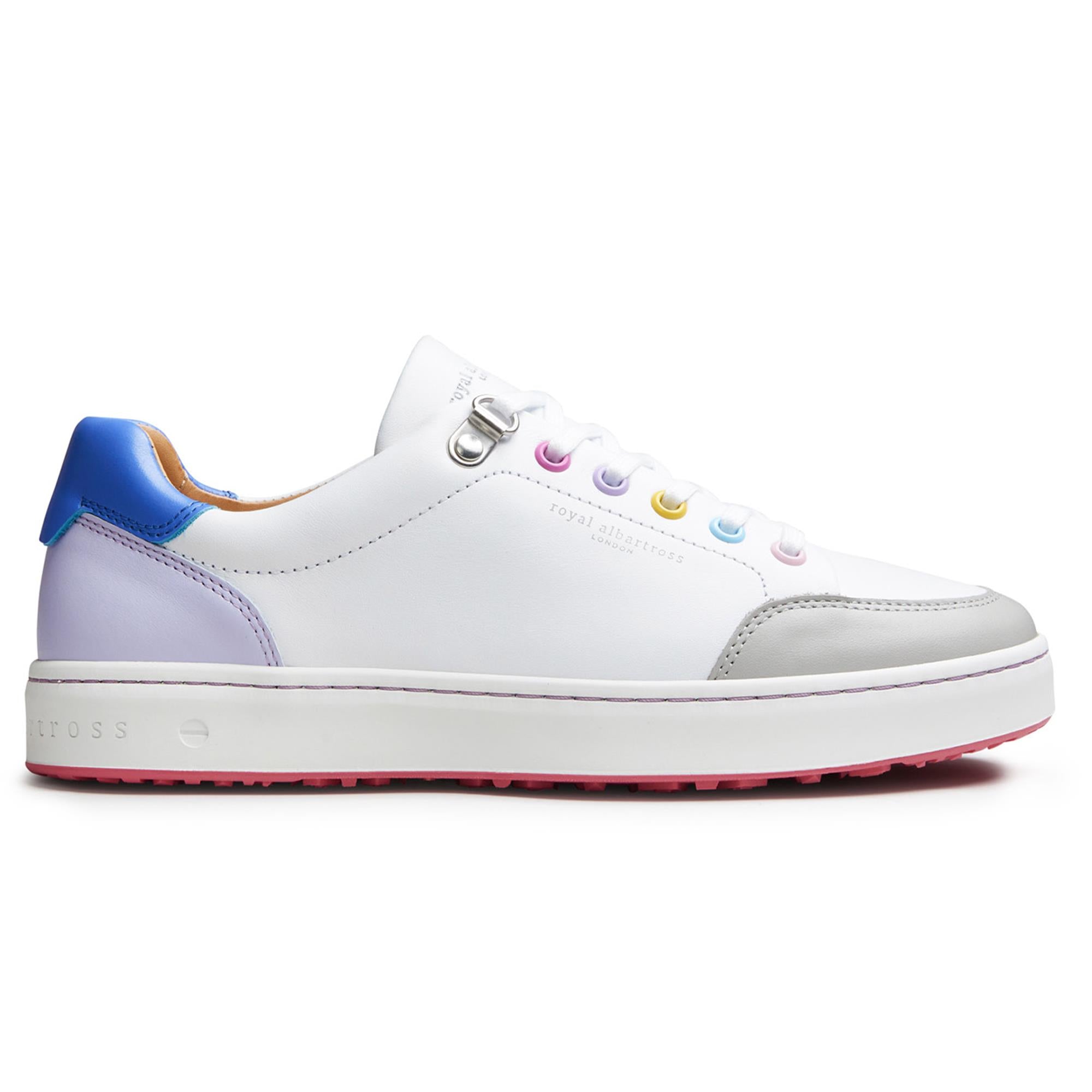 Side view of Royal Albartross Fieldfox ladies spikeless golf shoe in dream white and lavender – luxury womens golf shoes with elegant pastel design